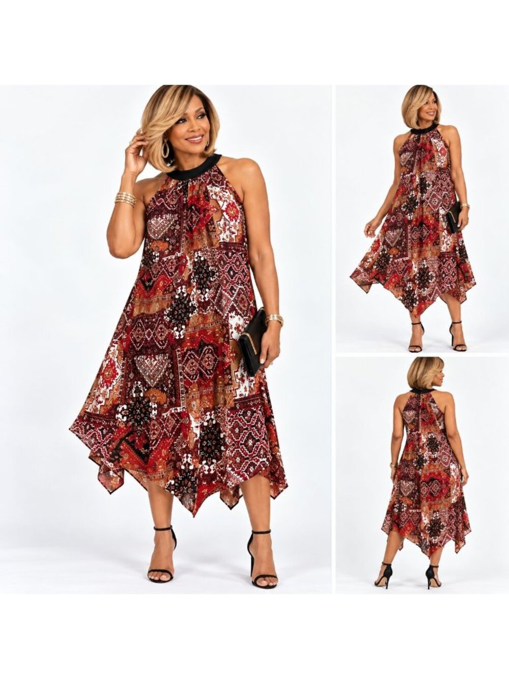R&M Richards Womens 14W High-Low Sleeveless Dress Red Boho Print